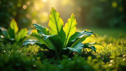 Turmeric leaves or Curcuma longa featuring broad leaves, recognized as a medicinal plant and immune booster.