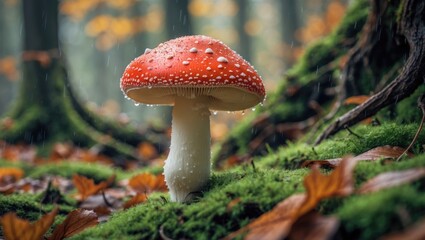 Fototapeta premium close-up perspective of amanita in the autumn forest following rain