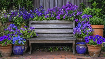 A garden bench surrounded by pots of blooming gloxinias and petunias.