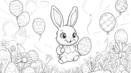 Obraz premium Cute Bunny with Easter Eggs Surrounded by Colorful Balloons