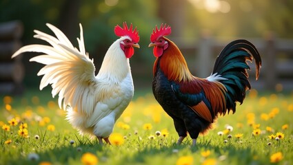 Fototapeta premium Two roosters engage in a fight on the green grass of the backyard, flapping their wings.