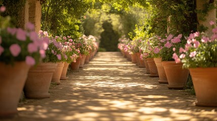 Fototapeta premium A garden pathway lined with neatly placed potted flowers.