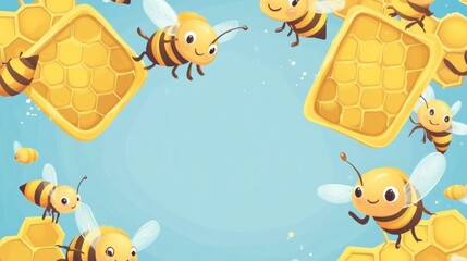 Cute Cartoon Bees with Honeycombs on a Bright Blue Background