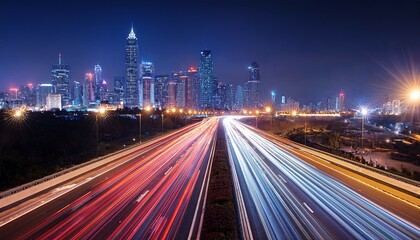 vibrant night highway with light trails leading to illuminated city skyline