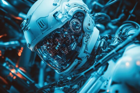 Futuristic Robot Face with Neon Lighting and High-Tech Background