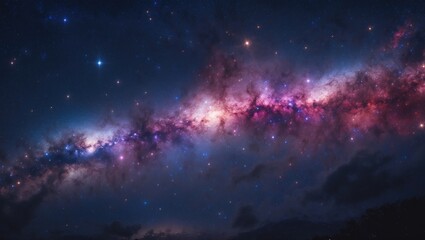 Milky Way galaxy featuring stars and space dust in the universe, a long exposure photo with grain.