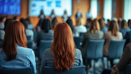 Conference featuring female audience, participants in room engaging with lecturer, group of women attentive to speaker at master-class event.