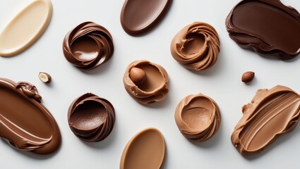 Fototapeta premium Collection of Chocolate Smears Isolated on white. Melted Chocolate arranged top view. Chocolate Hazelnut paste displayed flat lay.