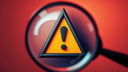 View through a magnifying glass of Attention sign, Exclamation mark, and warning sign concept.