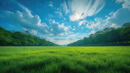 Misato Park scenery featuring grassland and forest.