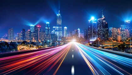 Fototapeta premium dynamic cityscape at night with vibrant light trails from moving vehicles