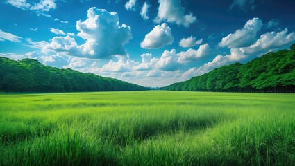 Fototapeta premium Misato Park scenery featuring grassland and woodland.