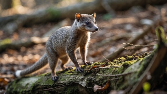Common dwarf mongoose perched on a log; Species Helogale parvula from the family of Herpestidae.
