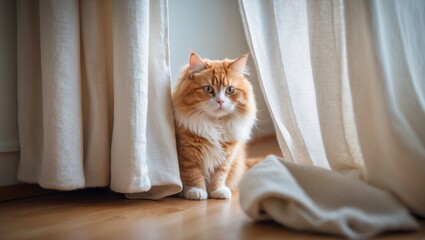 Cute red cat peeking from behind a linen curtain in the living room.