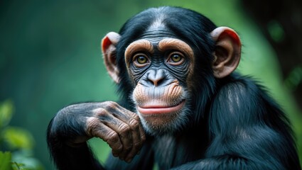 Close-up portrait of a joyful chimpanzee pondering deeply.