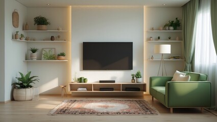 Cozy interior design featuring stylish furniture, decor, and a modern TV set.