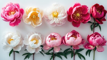 Obraz premium Collection of peony heads isolated on a white background. Gorgeous spring flowers. Flat lay, top view.