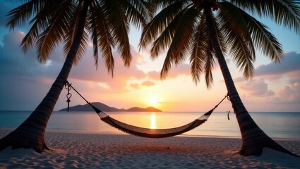 Silhouette of a hammock hanging between palm trees on a tropical beach at sunset. Concept of carefree freedom, summer nature, exotic coastal shore. Tranquil travel scenery. Enjoy life, positive ene...