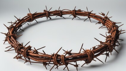 Contemporary Crown of Thorns: A rusted barbed wire wreath set against a background. Top-down view, flat lay, with empty space for text.