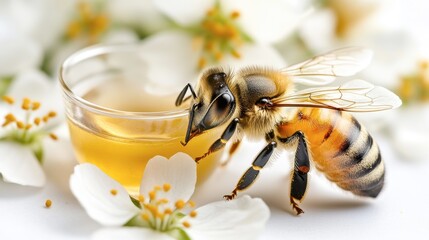 Close-Up of Bee Drinking Honey Amidst Blossoms and Soft Light