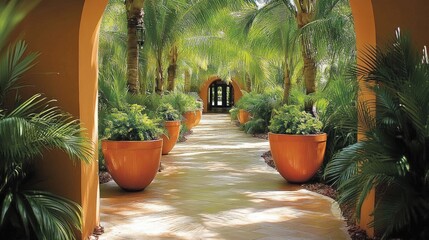 Obraz premium A lush outdoor walkway framed by decorative planters with tropical greenery.