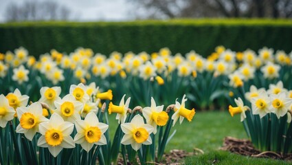 Obraz premium View of a spring lawn featuring blooming daffodils.