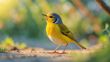 Fototapeta premium Vibrant Yellow Wagtail Singing in Nature's Embrace