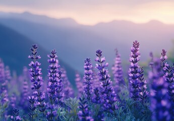 Stunning Close-Up of Vibrant Lavender Flowers in a Serene Landscape at Sunrise with Soft Hills in the Background and Warm Color Palette