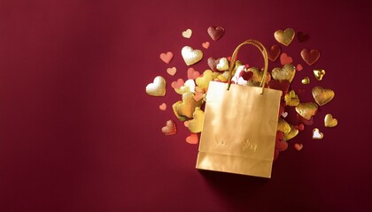 one shopping bag with golden confetti hearts on burgundy background