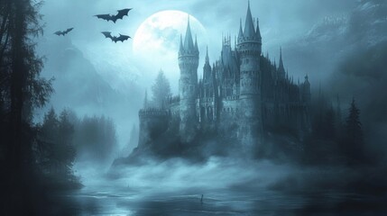 Gothic Castle at Night with Bats and Full Moon