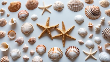 Variety of seashells and starfishes, design elements on a white background. High resolution.