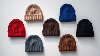 Collection of knit winter beanie hats in different colors isolated on a plain background.