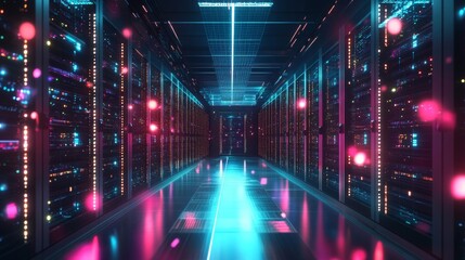 Fototapeta premium Futuristic Server Room with Neon Lights