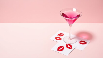 Romantic pastel pink arrangement featuring a cocktail glass and paper adorned with lipstick kisses.