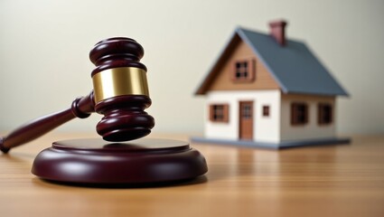 House model, judge's hammer on a wooden surface with background. Foreclosure, bankruptcy situation. Individual unable to address outstanding debts or obligations, halts mortgage payments.