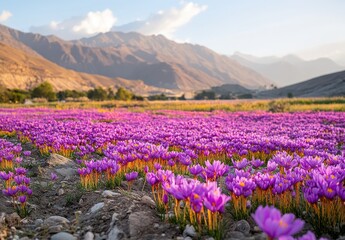 Obraz premium Stunning Landscape of Vibrant Purple Flowers in a Valley with Majestic Mountains in the Background Under a Bright Sky at Sunset