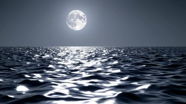 Moonlit ocean waves undulate under a bright full moon at night
