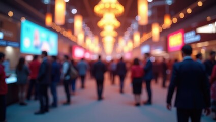 Bokeh light in an event or conference hall background with blurred visitors concept. A crowd of anonymous, abstractly blurred, and defocused individuals at an exhibition.