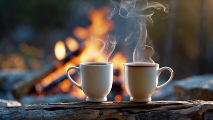 Fototapeta premium Two mugs of coffee placed on a weathered log beside an outdoor campfire. Selective focus on one mug with a blurred background.