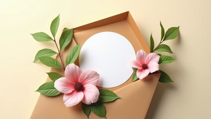 Round blank sticker mockup, circular tag mockup on a gift bag, adhesive thank you card, round product label, pink flowers.