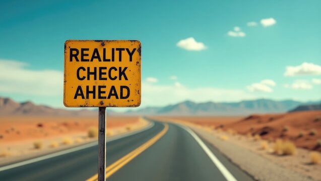 Sign indicating Reality Check Ahead on a desert road