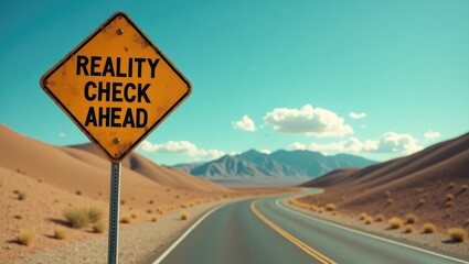 Sign warning of a reality check ahead on a desert road - obrazy, fototapety, plakaty