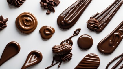 various types of chocolate sauce on a white backdrop