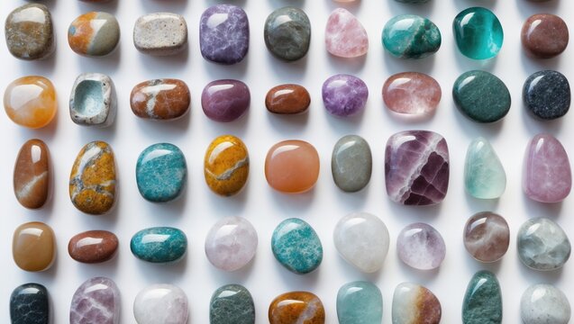 Collage of assorted tumbled gemstones set against a white background.