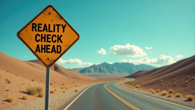 Sign warning of a reality check ahead on a desert road