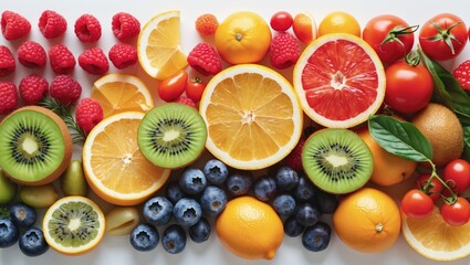 Collage of fruits, vegetables, and berries. Fresh assorted food.