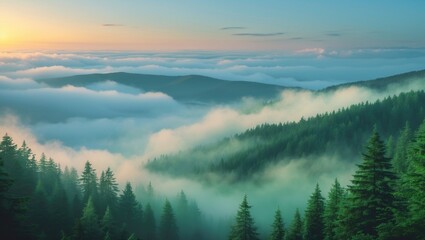 View from the peak overlooking forest and sea of fog during evening light, inversion weather, fog in the lowlands.