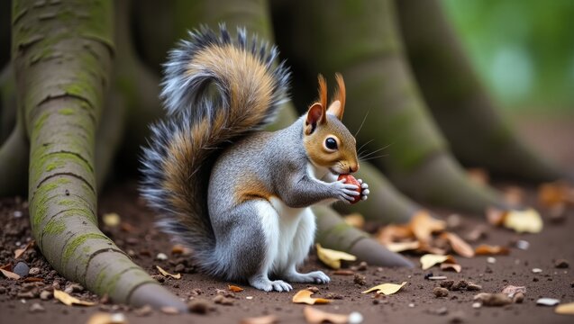 A Grey Squirrel is consuming nuts provided by passersby in a Park. The Grey Squirrel has now replaced the native Red Squirrel.