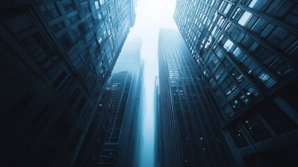 Dark Blue Cityscape: Highrise Buildings and Foggy Atmosphere