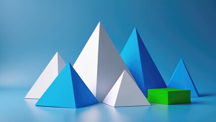 Geometrical shapes still life arrangement. Three-dimensional prism, pyramid, tetrahedron, and rectangular forms on a blue background. Platonic solids, simplicity concept photography.